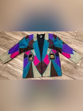 Vintage Jareena Barami Elephant Patch Colorblock Blazer- Teal, Purple & Fuchsia